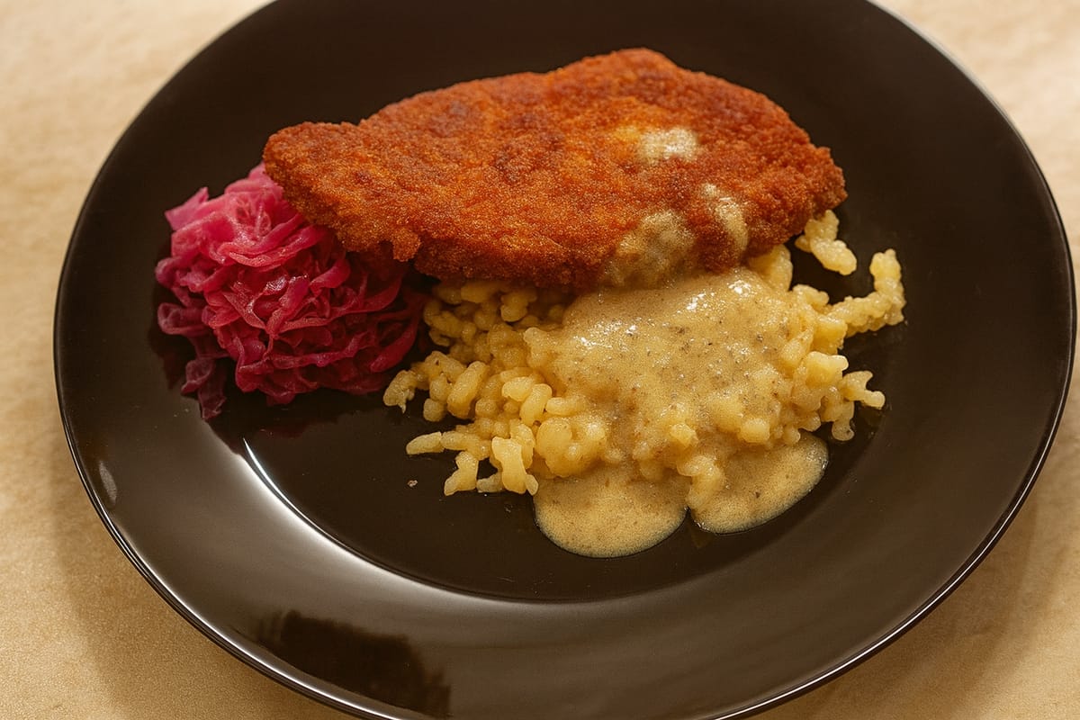 Шницел със шпецели и горчичен сос